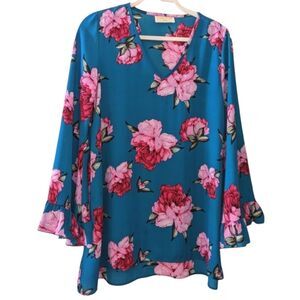 Tunic Floral Top Teal Pink Red Flowy Small